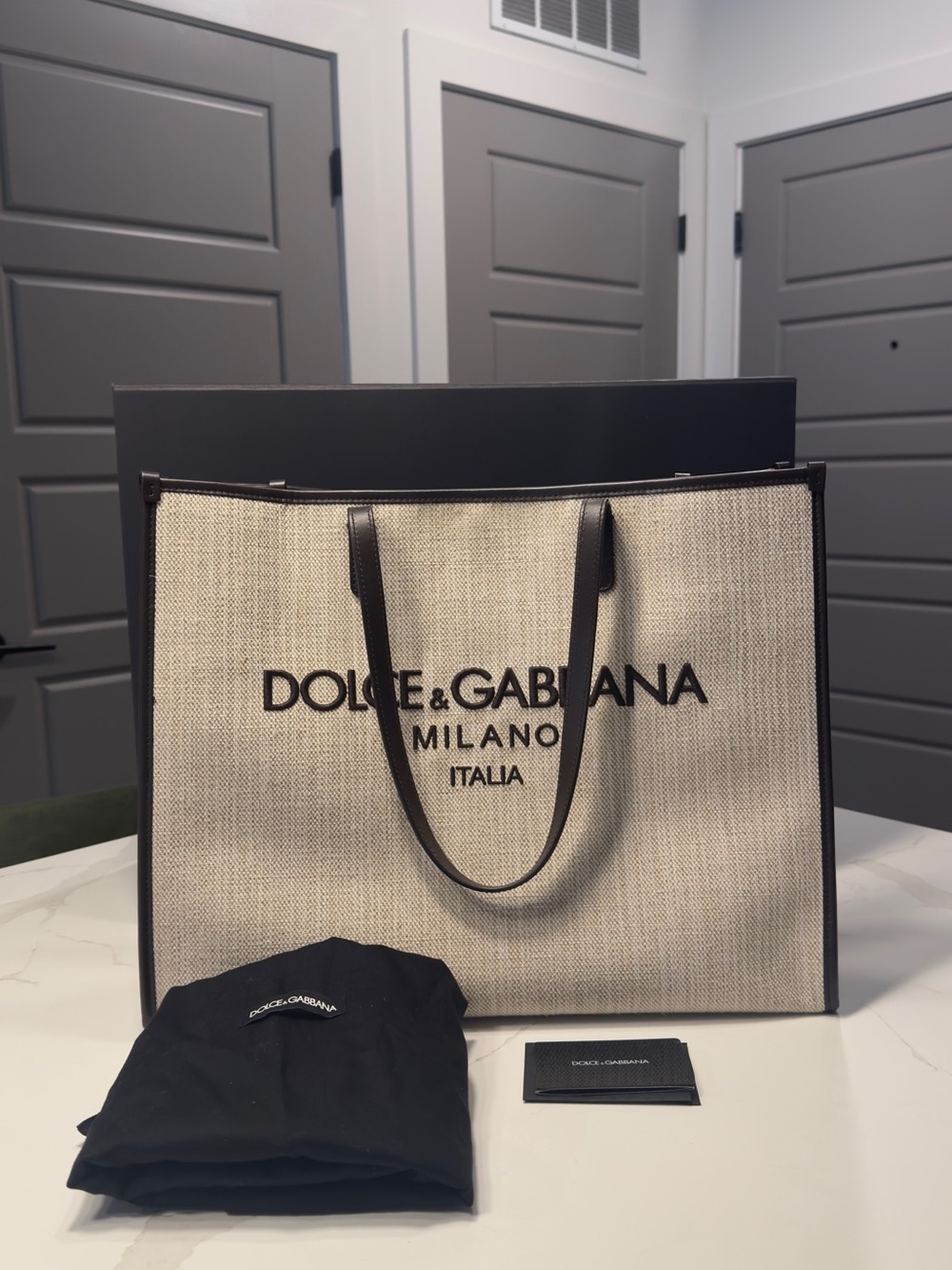 Dolce & Gabbana Large Shopping Beige Canvas Tote with Dark Brown Trim